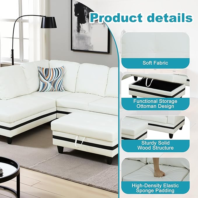 L Shaped Couch PU Leather Sectional Couch Upholstered 3 Pieces Sofas - Image 5