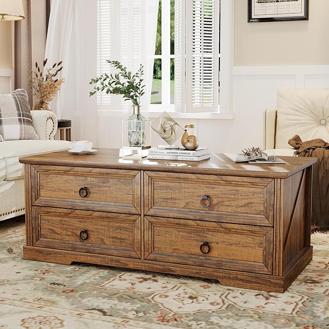Rustic Coffee Table with Drawers 47 inch Living Room Tables with Storage by HOMEFURNITURE