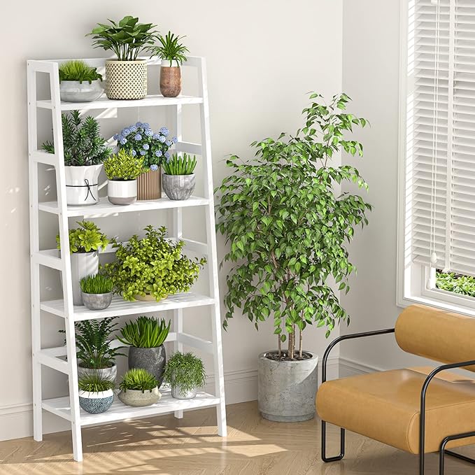 Homykic Bamboo White Bookshelf 4-Tier Ladder Shelf, 49.2” Freestanding Open - Image 7