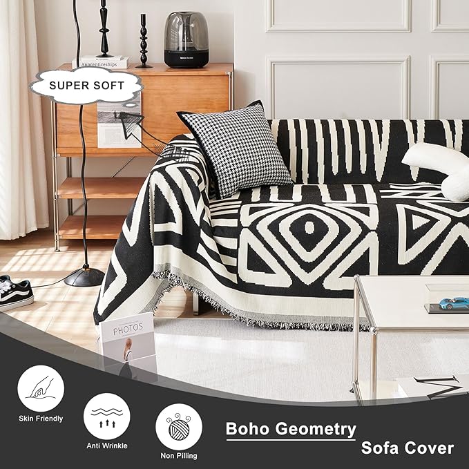 STACYPIK Boho Geometric Sofa Cover Chenille Beige Black Couch Cover - Image 6