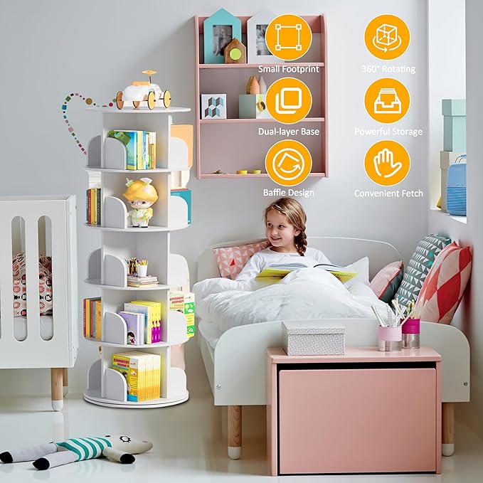 5 Tier Rotating Bookshelf Tower, 360 Display Wood Spinning Bookshelf Tower - Image 5