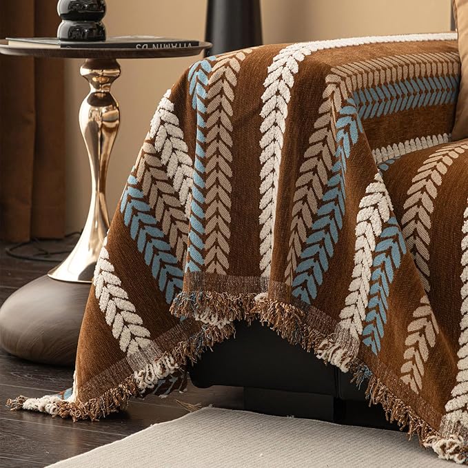 STACYPIK Khaki Jacquard Leaves Sofa Cover, Vintage Couch Cover - Image 9