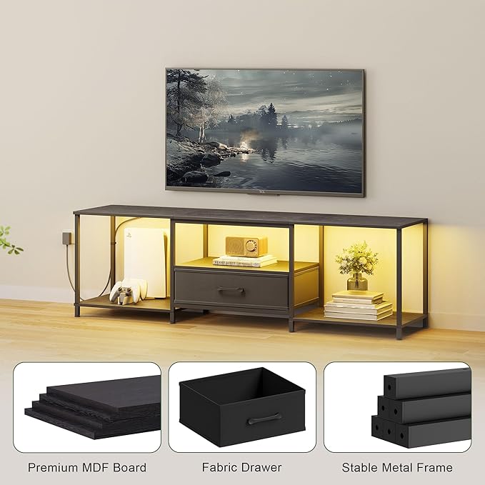 TV Stand with LED Lights, Entertainment Center with Open Shelves and Fabric - Image 7