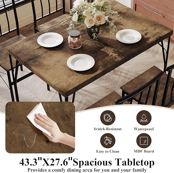 5 Piece Dining Table Set with 1.6" Thick Desktop, Modern Metal&Wood Kitchen - Image 6