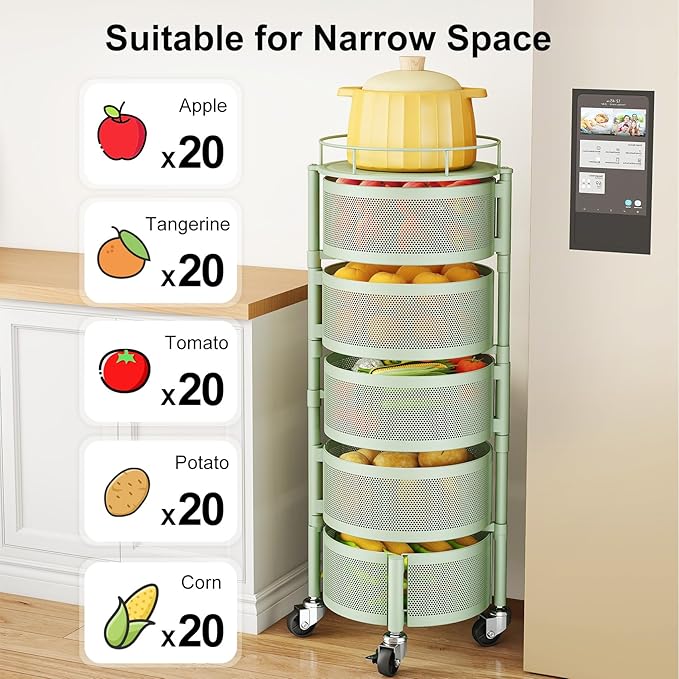SAYZH Fruit Vegetable Basket for Kitchen, Rotating Storage Rack, 5 Tier Rolling - Image 7
