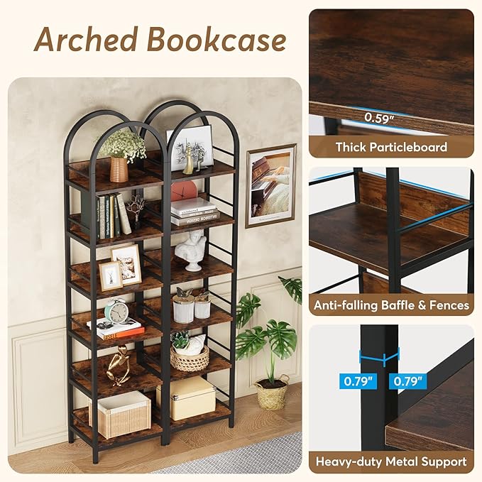 LITTLE TREE 78.7 Inches Tall Arched Bookshelf, 6 Tiers Skinny Open Bookcase - Image 6