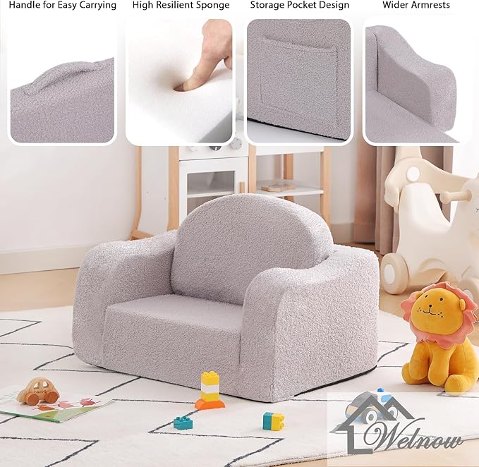 Welnow Kids Sofa, 2-in-1 Soft Sherpa Toddler Chair, Convertible Toddler Couch - Image 4