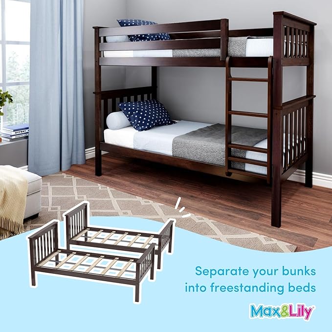 Max & Lily Bunk Bed Twin over Twin, Solid Wood Bunk Bed Frame - Image 8