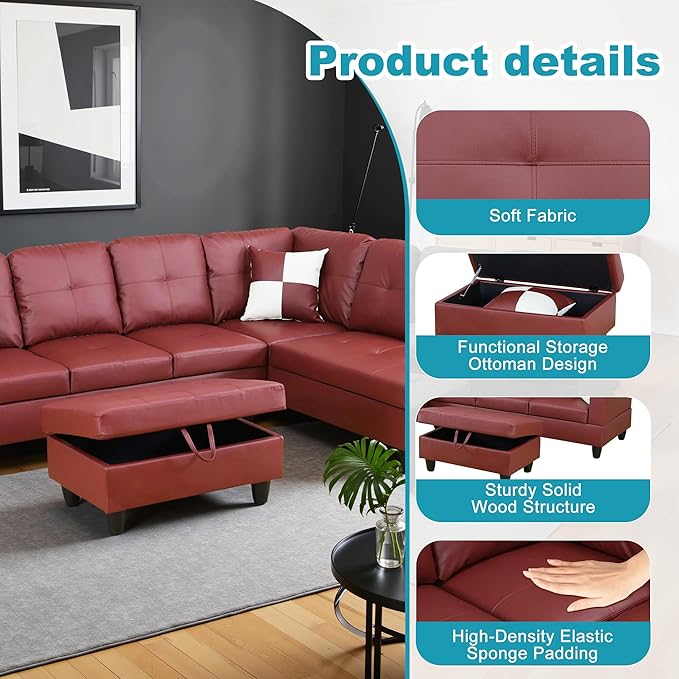 Couches for Living Room Faux Leather L Shaped Couch Comfy 3 Pieces Sectional - Image 5