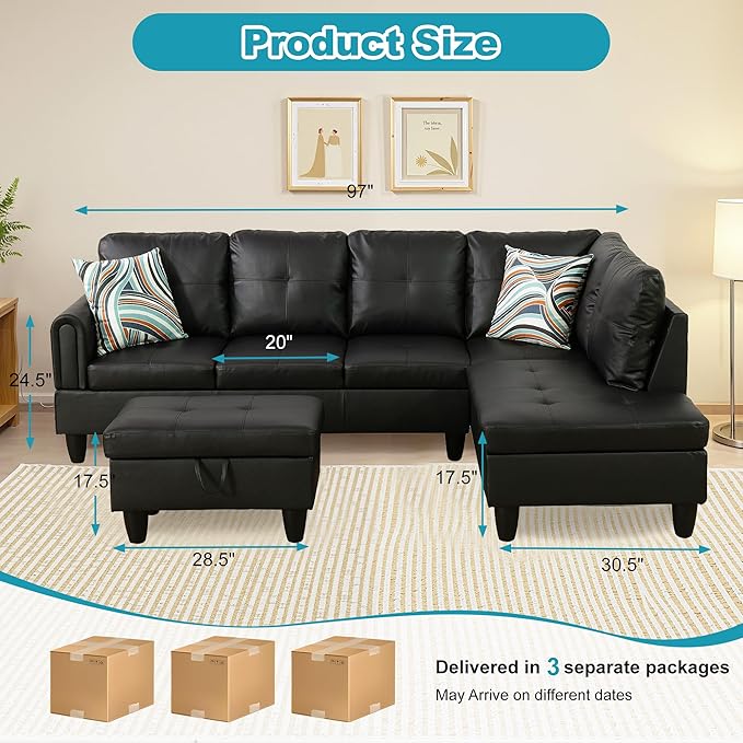 Couches for Living Room Faux Leather L Shaped Couch Comfy 3 Pieces Sectional - Image 2
