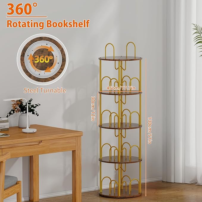 4 Tier Rotating Bookshelf, 360° Spinning Bookshelf Tower, Round Narrow Space - Image 3