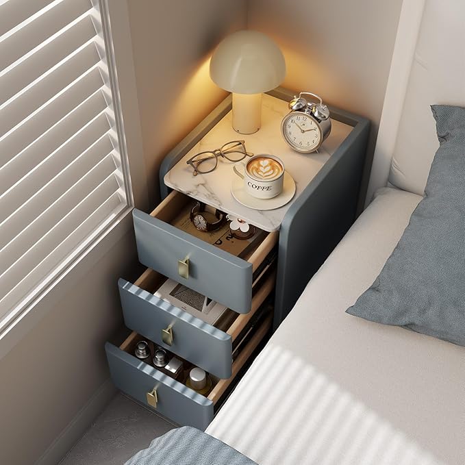 Narrow Nightstand with Drawers, Narrow Side Table Leather, Small Bedside Tables - Image 4