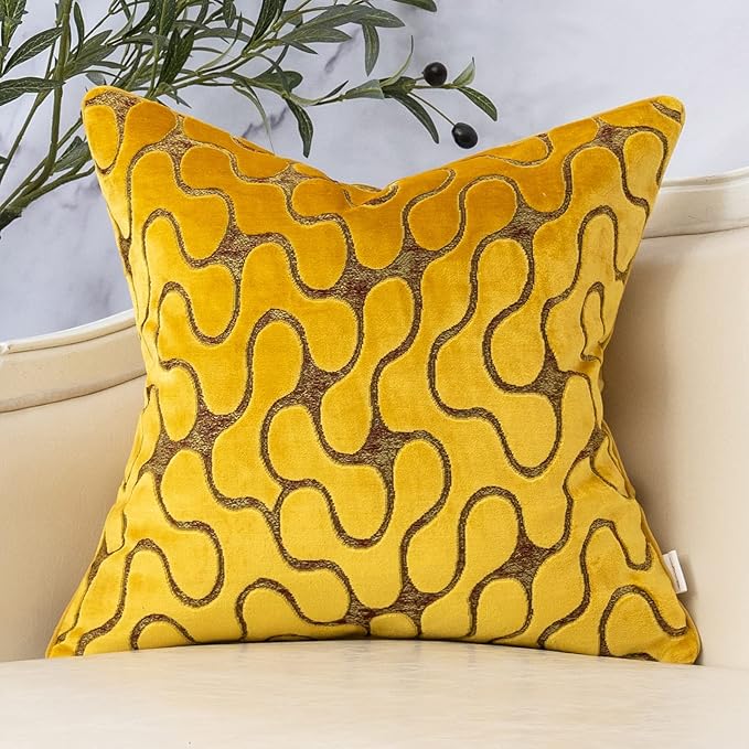 Yangest Yellow Square Throw Pillow Cover Wavy Velvet Cushion Cover Modern by Yangest