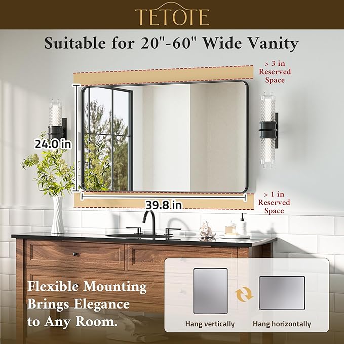 TETOTE Black Mirror 40 x 24 Inch Matte Black Bathroom Mirrors, Tempered Glass - Image 7