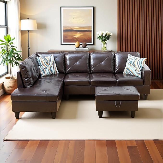 L Shaped Couch Faux Leather Sectional Couch Upholstered 3 Pieces Sofas - Image 4