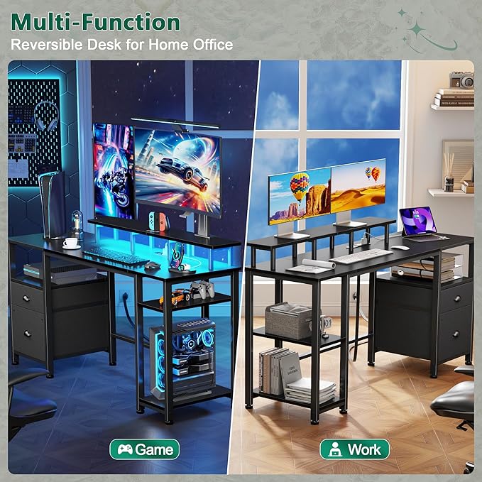 Furologee 61" Gaming Desk with Power Outlets & LED Lights, Reversible Computer - Image 4