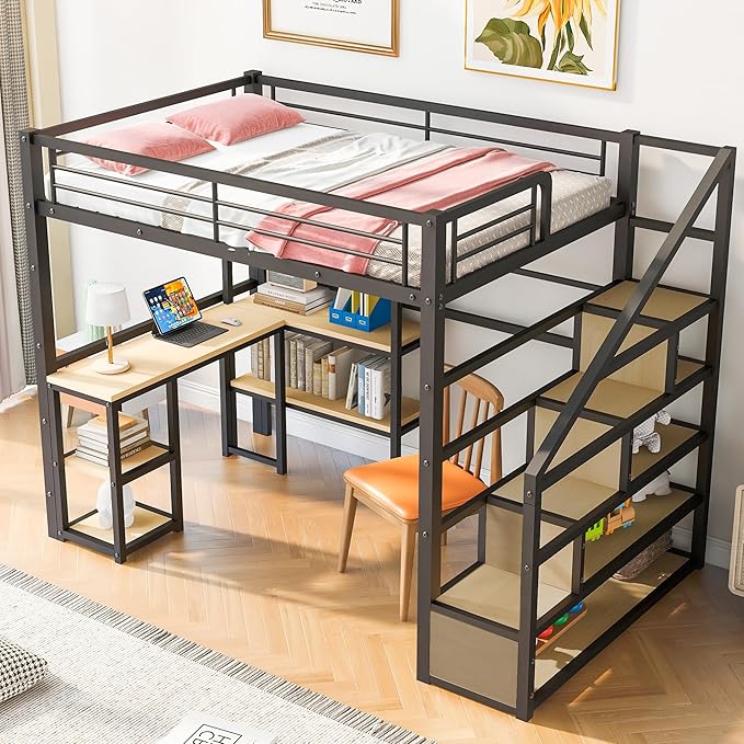 Full Size Metal Loft Bed with Staircase, Full-Length Guardrails, a Built-in - Image 4