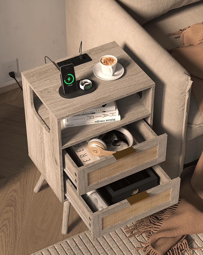 Rattan Nightstand with Charging Station, Modern Bedside Table with 2 Storage - Image 4