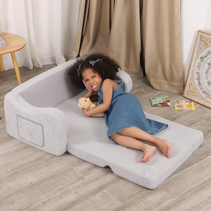 Extra Wide Toddler Chair, 2-in-1 Toddler Couch Fold Out, Convertible Sherpa - Image 6