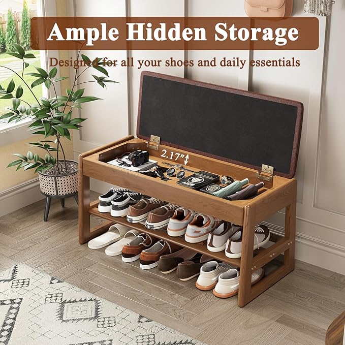 Shoe Rack Bench Seat Rubberwood 2-Tier Wooden Storage Bench 550lbs Compact - Image 3