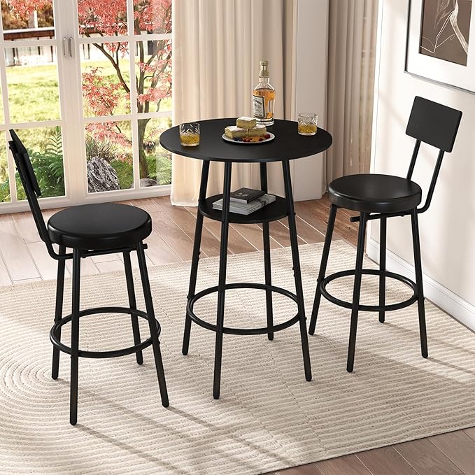 3 Pieces Round Bar Table Set, Small Dining Table by Zevemomo