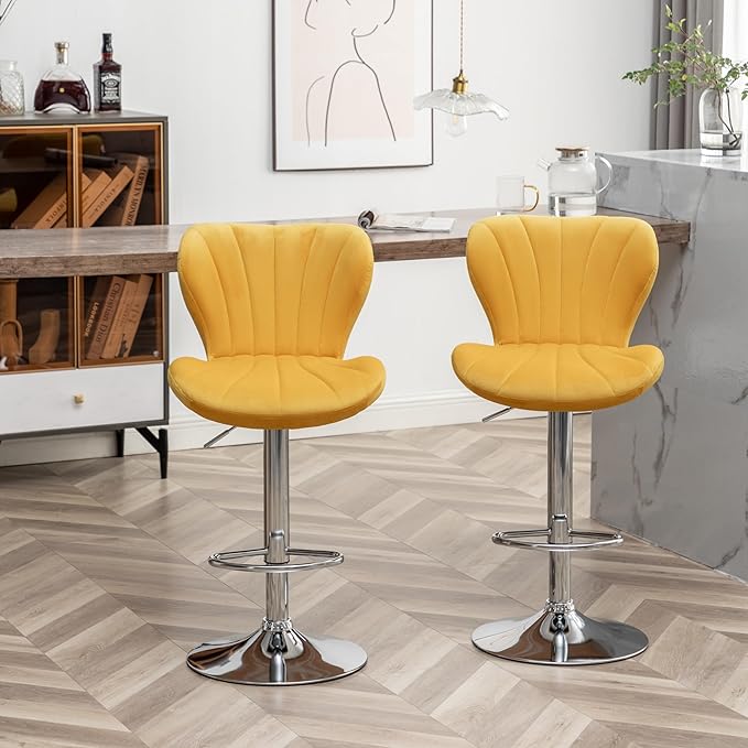 Roundhill Furniture Ellston Velvet Adjustable Swivel Barstools in Yellow - Image 2