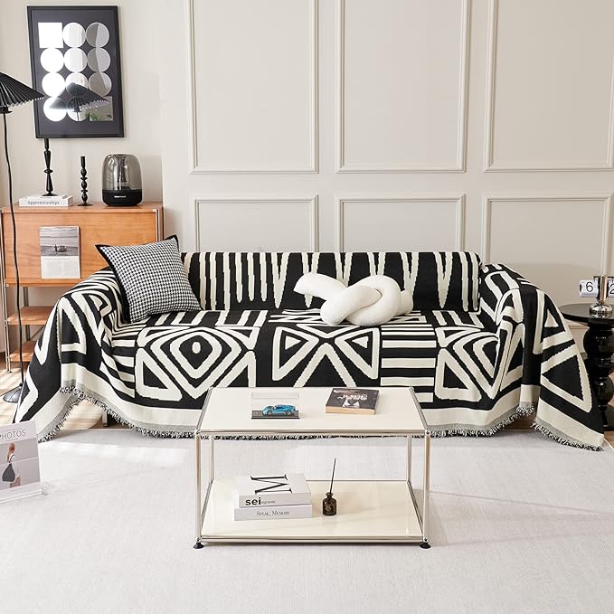 STACYPIK Boho Black Beige Couch Cover Wrinkle Resistant Sofa Cover by STACYPIK