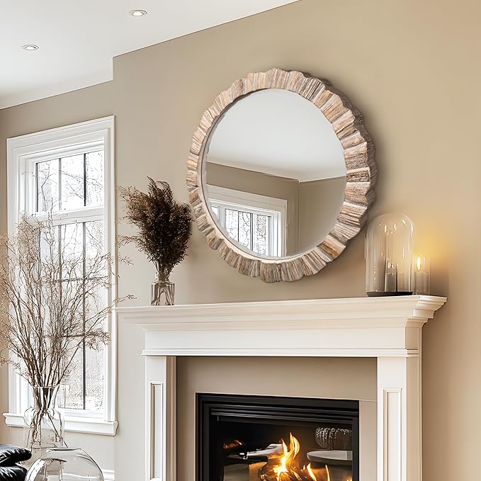 35" Wood Round Mirror, Rustic Wall Mirror - Image 7