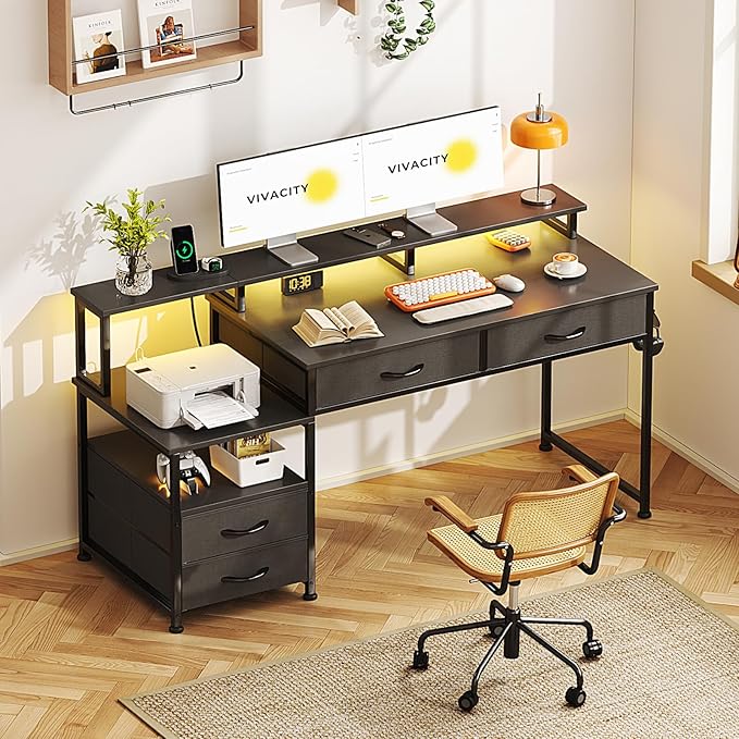 53" Computer Desk with 4 Drawers & Power Outlets, Reversible Home Office Desk - Image 2