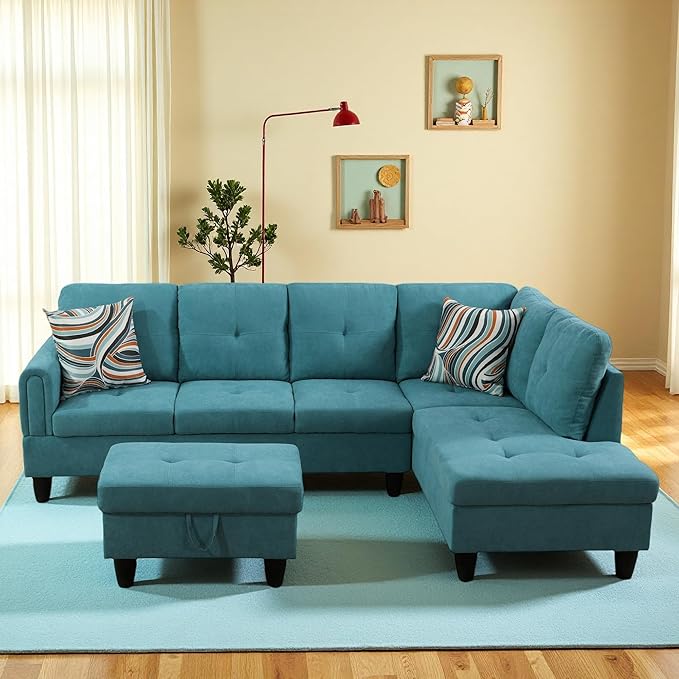 L-Shaped Sectional Sofa with Ottoman, Right-Facing Modern Microfiber Couch by GlasFlength