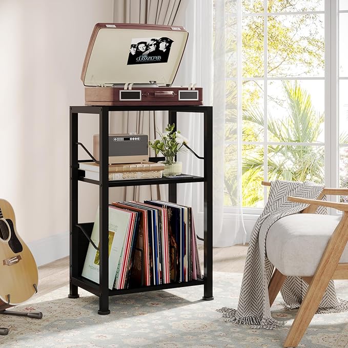 Hosfais 3 Tier Record Player Stand, Retro Vinyl Record Storage End Table Records - Image 2