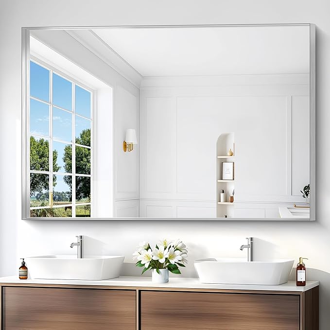 Silver Bathroom Mirror, 60x40 Inch Rectangular Framed Mirror, Large Wall - Image 2