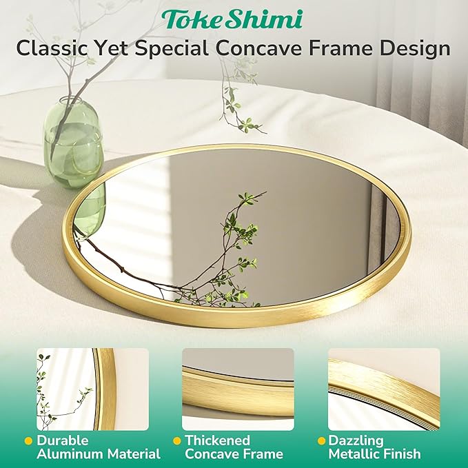 TokeShimi 16 in Round Gold Mirror Framed, 16 x 16 Shatterproof Circle Bathroom - Image 3