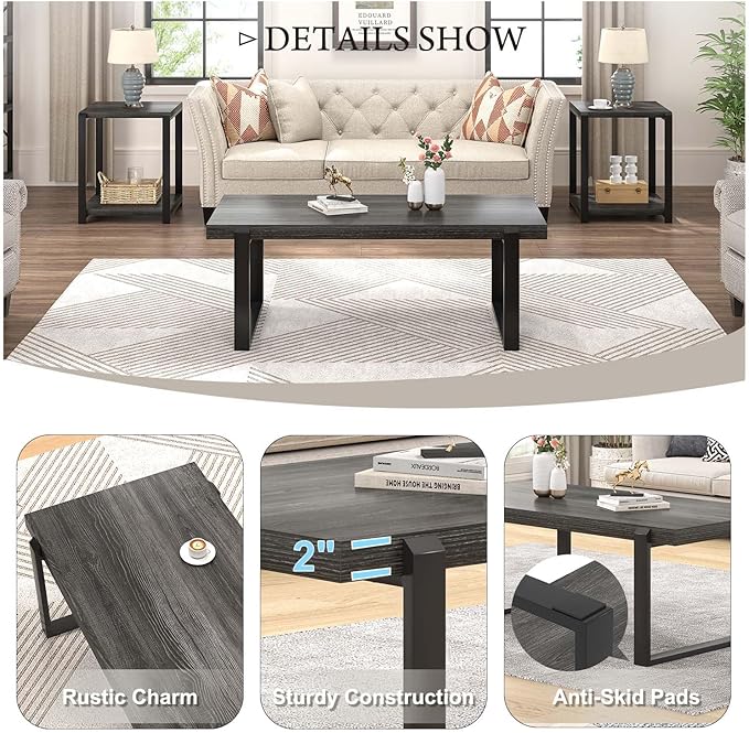 FOLUBAN Industrial Coffee Table, Rustic Wood and Metal Center Table, Modern - Image 4