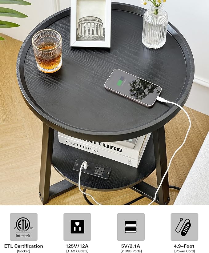 Round End Table with Charging Station, 19.7" Dia x 23.63" H, Side Table with - Image 7