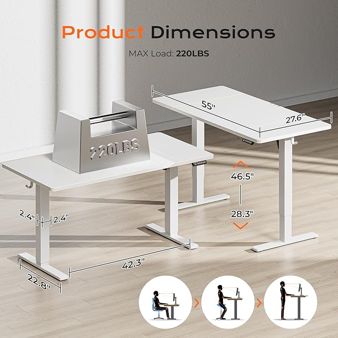 Huuger 55 x 28 Large Electric Standing Desk, Height Adjustable Copmuter Desk - Image 2