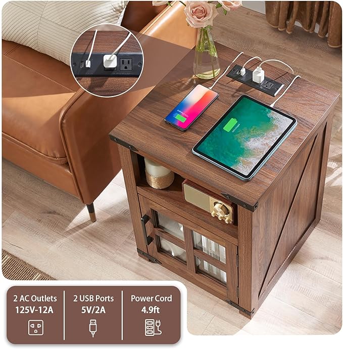 Farmhouse Nightstand with Charging Station, Rustic End Table with Tempered - Image 4