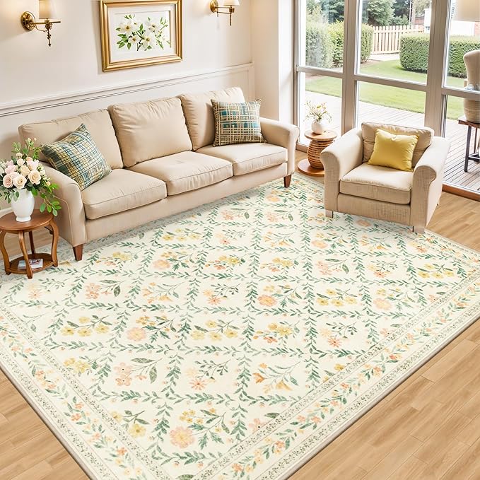 8x10 Area Rugs for Living Room: Floral Washable Rug Vintage Large Soft Boho - Image 2