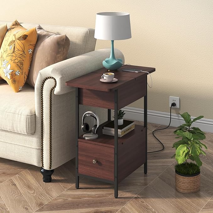 SOOWERY End Table with Charging Station, Narrow Side Table with Flip Top - Image 2
