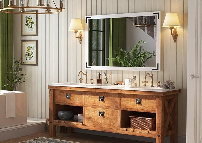 VocalStar White Wood Framed Mirror 48 x 32 Inch, Rustic Natural White Wooden - Image 2