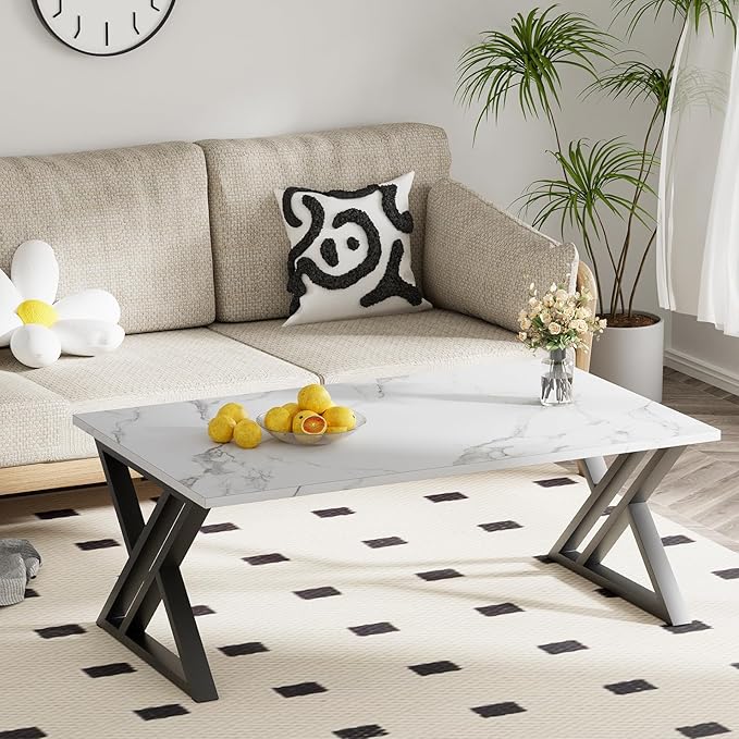 Coffee Table White Living Room Center Table, Simple Modern Faux Marble - Image 2