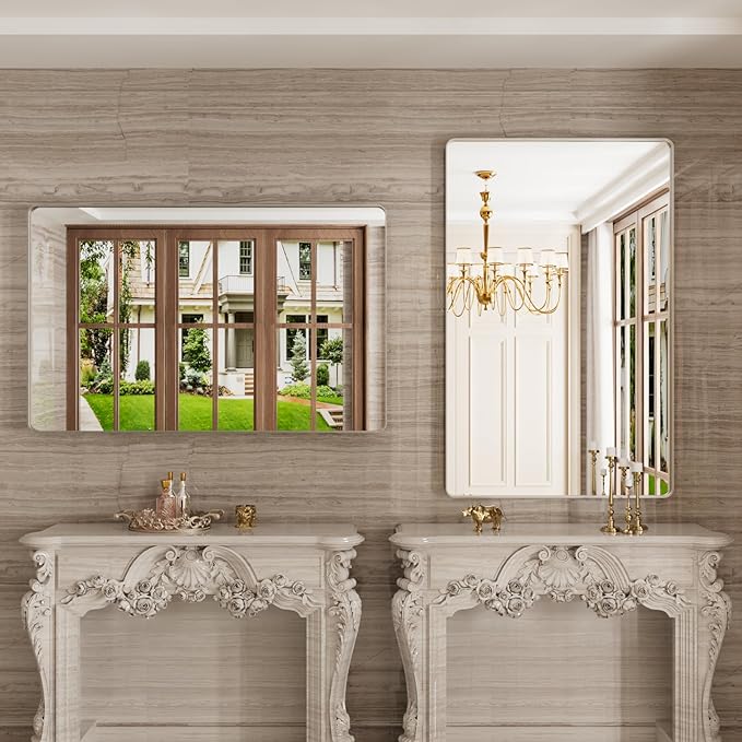 Brushed Nickel Bathroom Mirror 48x30 Inch, Brushed Silver Metal Frame Mirror - Image 3