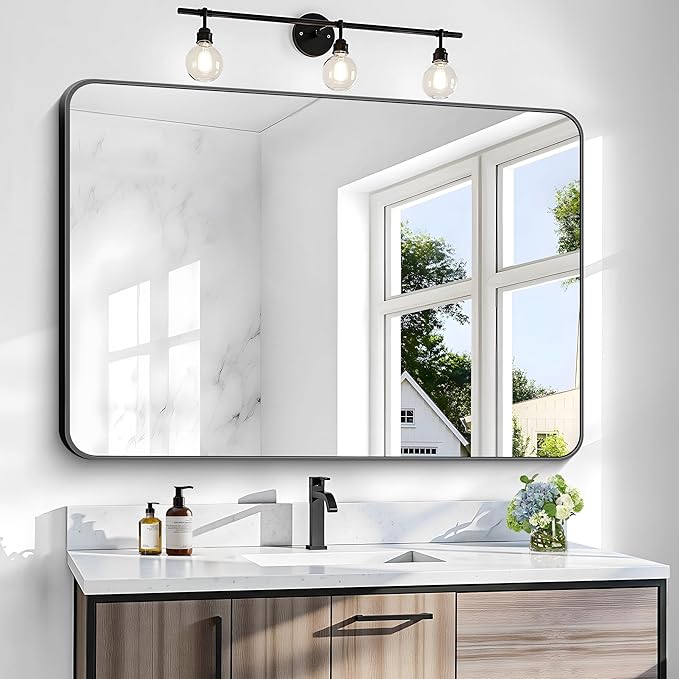 BONEWEI 36x48 inch Bathroom Mirror, Wall Mounted Bathroom Frame Vanity Mirror by BONEWEI