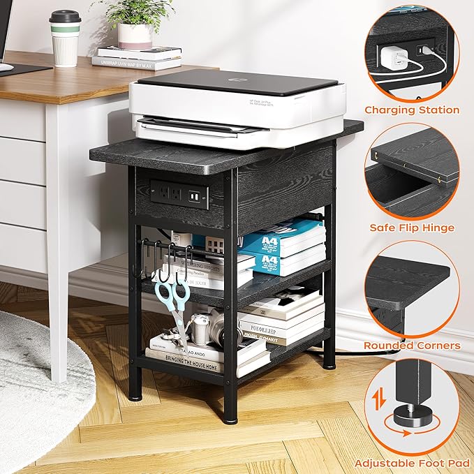 End Table with Charging Station, Flip Top Nightstand with USB Ports and Outlets - Image 6