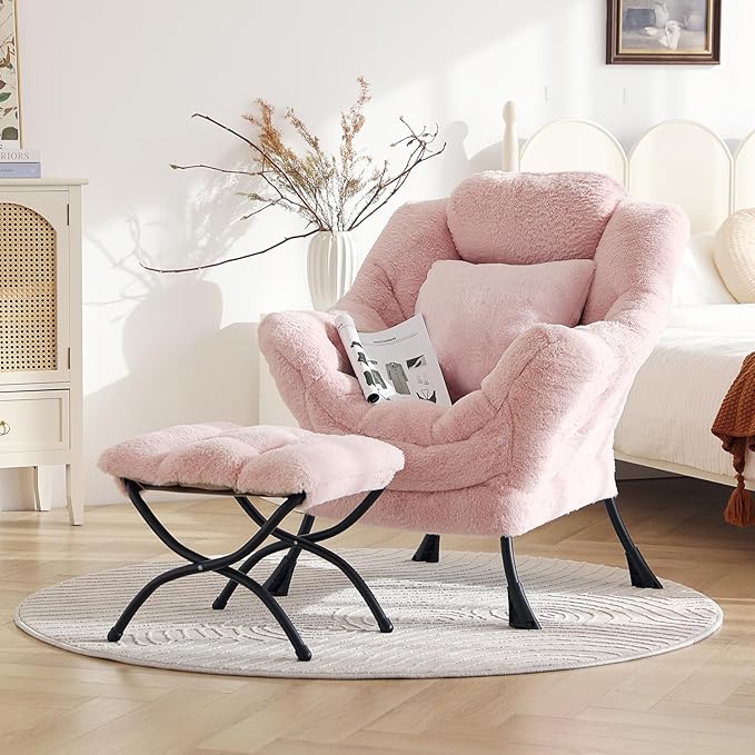 Large Lazy Chair with Ottoman, Accent Reading Chair with a Throw Pillow - Image 4
