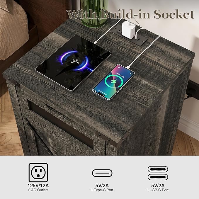 Farmhouse End Table with Charging Station, 26.4" Tall Rustic Nightstand with - Image 4