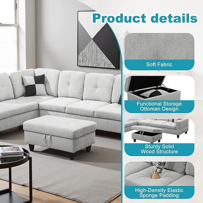 L Shaped Couch Modern Sectional Couch Upholstered Flannel Fabric 3 Pieces Sofas - Image 5