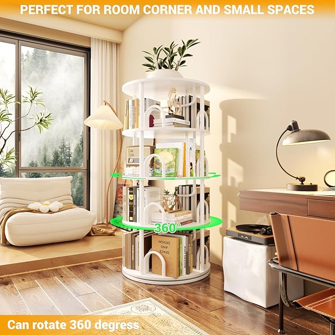 Aheaplus 4 Tier Rotating Bookshelf Tower, 360 Display Spinning Bookcase - Image 2