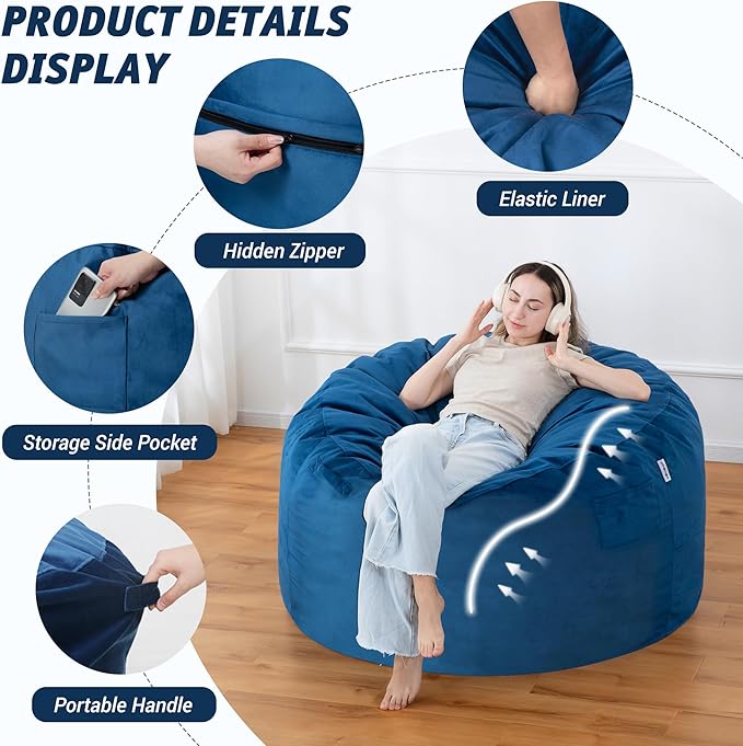 4FT Bean Bag Chair with Ultra Soft Velvet Cover Bean Bag Sofawith Memory Foam - Image 4