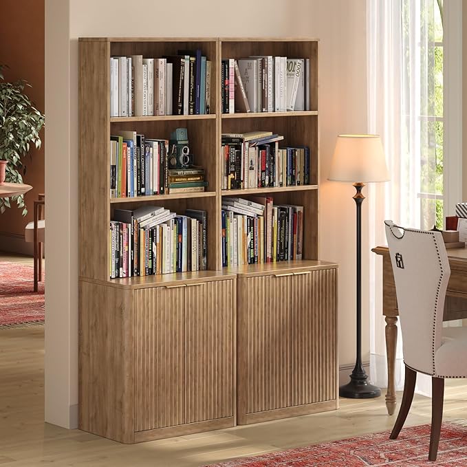 71" Oak Bookcase with Doors, 5-Tier Fluted Tall Bookshelf with Storage - Image 8